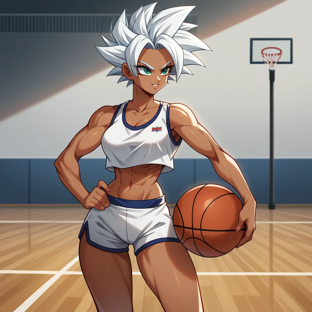 1girl, alone, Saiyan, spiky white hair combed back , green eyes, slim, thin waist, wide hips, dark skin, medium breasts,shirt number 10, white sports shorts, shooting ball , dunking ball , on a street basketball court open air.