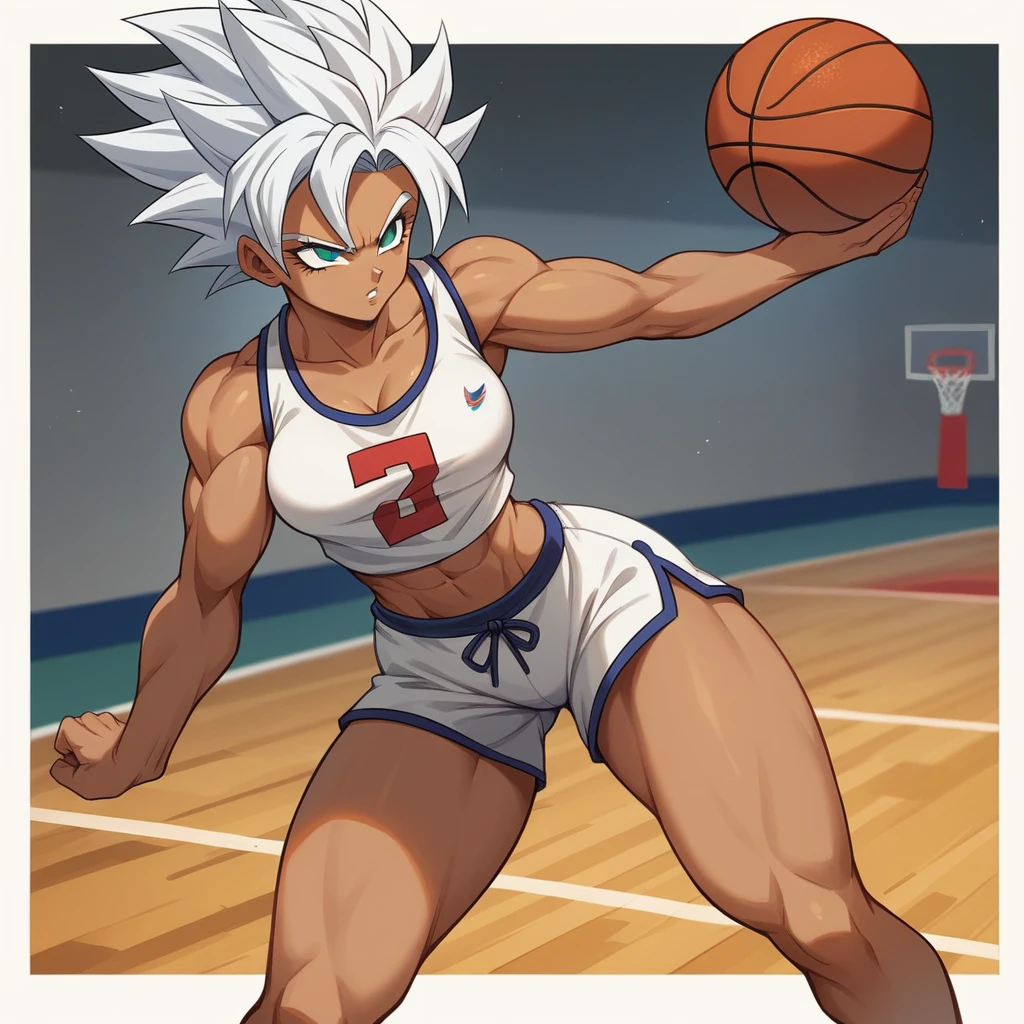 1girl, alone, Saiyan, spiky white hair combed back , green eyes, slim, thin waist, wide hips, dark skin, medium breasts,shirt number 10, white sports shorts, shooting ball , dunking ball , on a street basketball court open air.