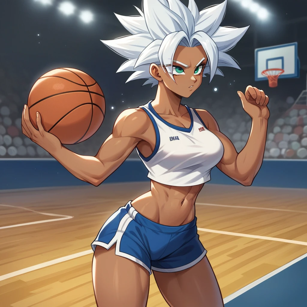 1girl, alone, Saiyan, spiky white hair combed back , green eyes, slim, thin waist, wide hips, dark skin, medium breasts,shirt number 10, white sports shorts, shooting ball , dunking ball , on a street basketball court open air.