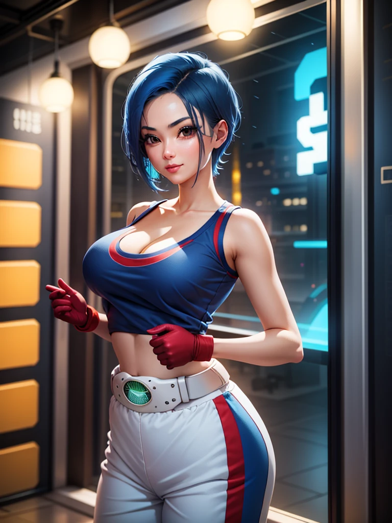 (at night), in a video game scene, a background of a beautiful city during the day, raining, standing at attention, semi-short blue hair, blue shirt on the chest, has the face of a smiling frog type logo, has a long scarf red, big belt around her waist, blue fingerless gloves, white exercise pants, googles on top of her head ((blue hair)), 1 girl, alone, 20 years old, young woman, perfect hands, beautiful fingers, beautiful long legs, beautiful body, beautiful nose, beautiful character design, perfect face, looking at the viewer with serious gesture (focusing on his face), closed mouth, Light_Smile, official art, extremely detailed CG unity 8k wallpaper, perfect lighting, bright and colorful front lighting, glowing skin (masterpiece: 1.0), (best_quality: 1.0), ultra-high resolution, 4K, ultra-detailed photography, 8K, HDR, high resolution, nonsense:1.2, Kodak portra 400, film grain, blurred background, bokeh:1.2, lens flare, (vibrant_color:1.2), professional photography, (Beautiful, : 1.4), (beautiful_face: 1.5), (narrow waist),