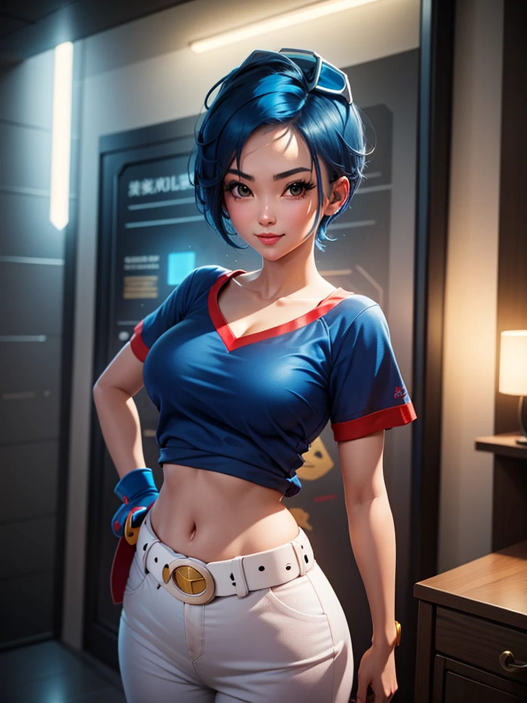 (at night), in a video game scene, a background of a beautiful city during the day, raining, standing at attention, semi-short blue hair, blue shirt on the chest, has the face of a smiling frog type logo, has a long scarf red, big belt around her waist, blue fingerless gloves, white exercise pants, googles on top of her head ((blue hair)), 1 girl, alone, 20 years old, young woman, perfect hands, beautiful fingers, beautiful long legs, beautiful body, beautiful nose, beautiful character design, perfect face, looking at the viewer with serious gesture (focusing on his face), closed mouth, Light_Smile, official art, extremely detailed CG unity 8k wallpaper, perfect lighting, bright and colorful front lighting, glowing skin (masterpiece: 1.0), (best_quality: 1.0), ultra-high resolution, 4K, ultra-detailed photography, 8K, HDR, high resolution, nonsense:1.2, Kodak portra 400, film grain, blurred background, bokeh:1.2, lens flare, (vibrant_color:1.2), professional photography, (Beautiful, breasts: 1.4), (beautiful_face: 1.5), (narrow waist),
