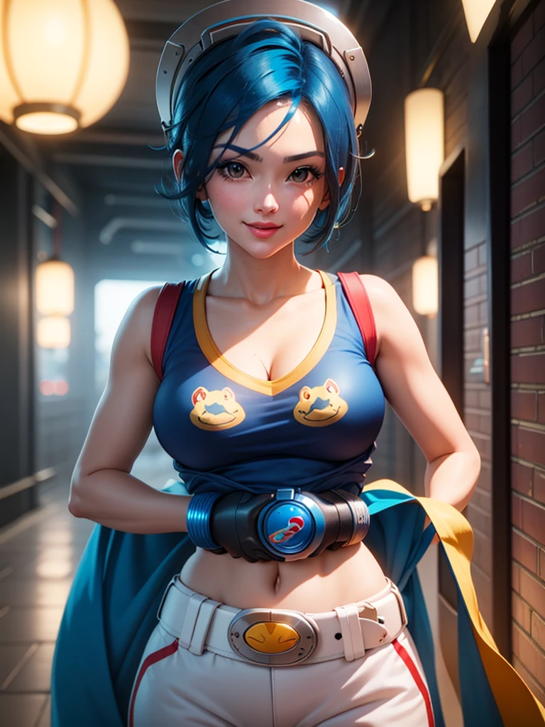 (at night), in a video game scene, a background of a beautiful city during the day, raining, standing at attention, semi-short blue hair, blue shirt on the chest, has the face of a smiling frog type logo, has a long scarf red, big belt around her waist, blue fingerless gloves, white exercise pants, googles on top of her head ((blue hair)), 1 girl, alone, 20 years old, young woman, perfect hands, beautiful fingers, beautiful long legs, beautiful body, beautiful nose, beautiful character design, perfect face, looking at the viewer with serious gesture (focusing on his face), closed mouth, Light_Smile, official art, extremely detailed CG unity 8k wallpaper, perfect lighting, bright and colorful front lighting, glowing skin (masterpiece: 1.0), (best_quality: 1.0), ultra-high resolution, 4K, ultra-detailed photography, 8K, HDR, high resolution, nonsense:1.2, Kodak portra 400, film grain, blurred background, bokeh:1.2, lens flare, (vibrant_color:1.2), professional photography, (Beautiful, breasts: 1.4), (beautiful_face: 1.5), (narrow waist),
