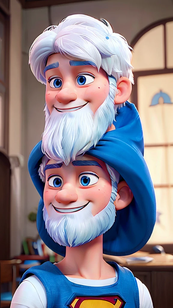 20 year old young man, white hair, closed beard, blue colored eyes, in the style of Disney Super Heroes pixer Superman