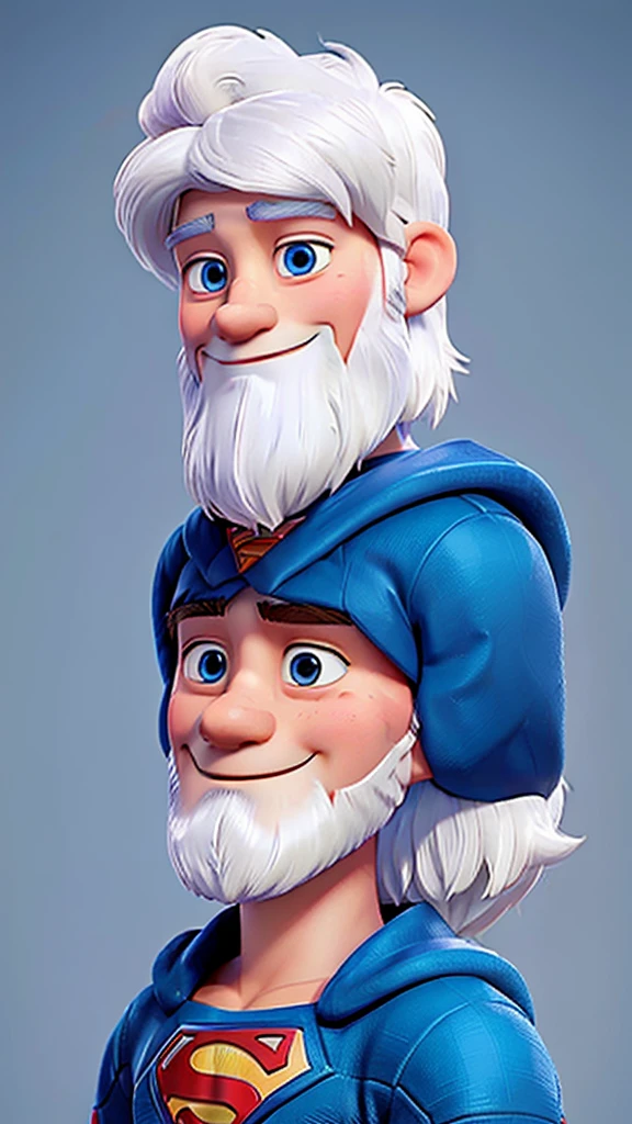20 year old young man, white hair, closed beard, blue colored eyes, in the style of Disney Super Heroes pixer Superman