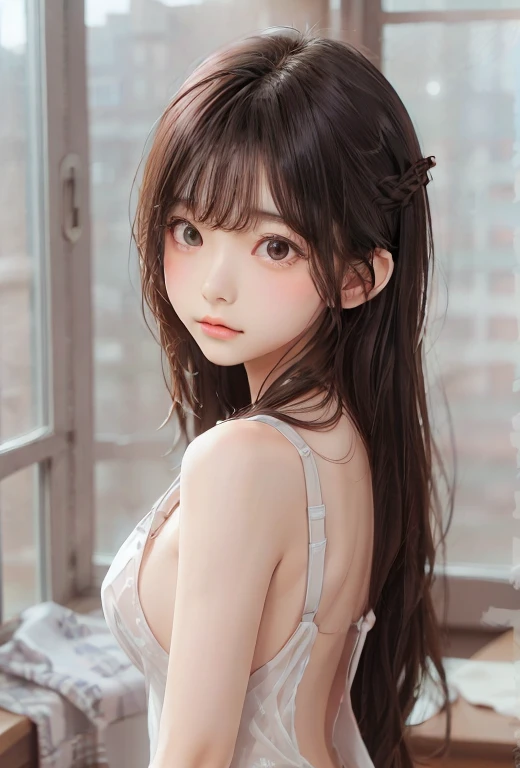 A girl, Solitary, Viewer, Brown long hair,Bangs, Braids and long hair , Wear a tight dress, Naked back see-through dress, big nipples,Brown eyes, Upper body photo, Gray background, ,Delicate face, purebred face_v1, Beautiful lips, King Reuters