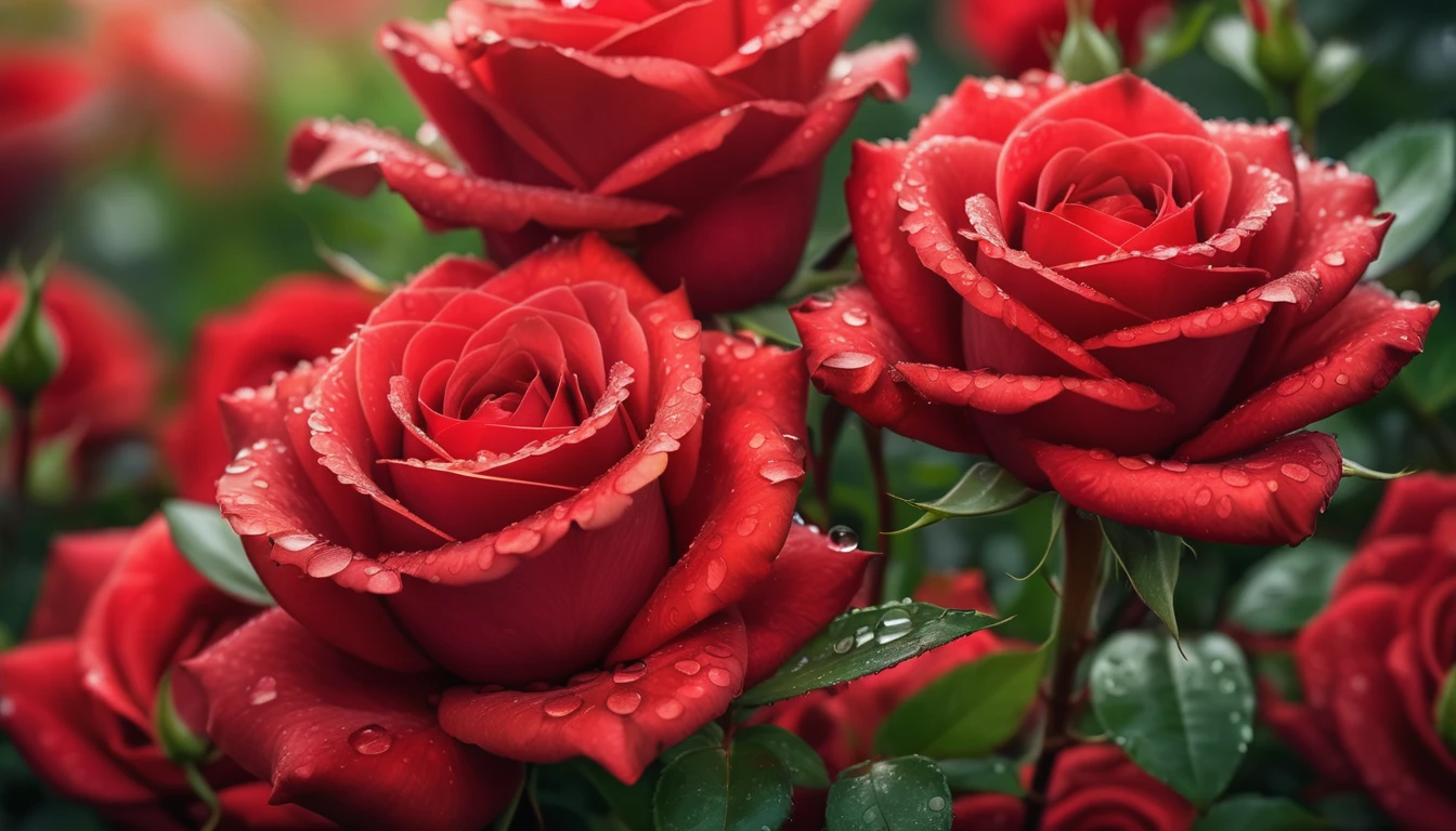 Close-up of vivid red roses centered in the frame, dew drops on flower petals, soft focus on surrounding lush green foliage, defocused background creating a bokeh effect, nature's palette in full display, natural light, ultra fine details, digital painting