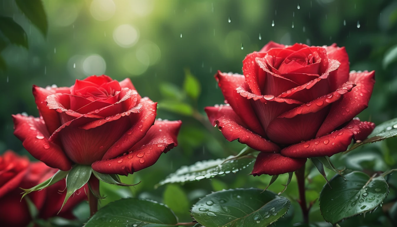 Close-up of vivid red roses centered in the frame, dew drops on flower petals, soft focus on surrounding lush green foliage, defocused background creating a bokeh effect, nature's palette in full display, natural light, ultra fine details, digital painting