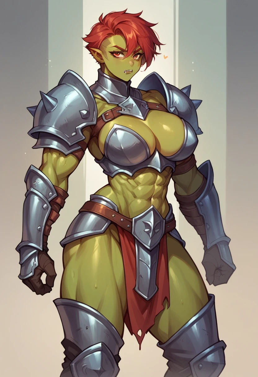 Female orc, fantasy race, large breasts, muscular woman, alone, iron armor, red short hair