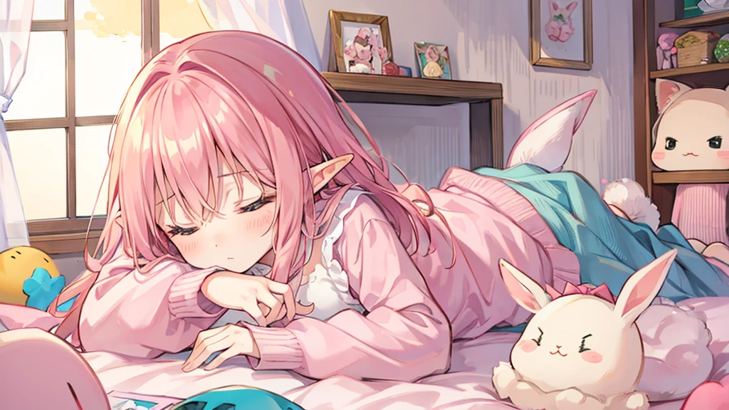 Rabbit Mimi、Chibi Elf Pink Room、Relaxing in a cute room、afternoon nap、Sleepy face