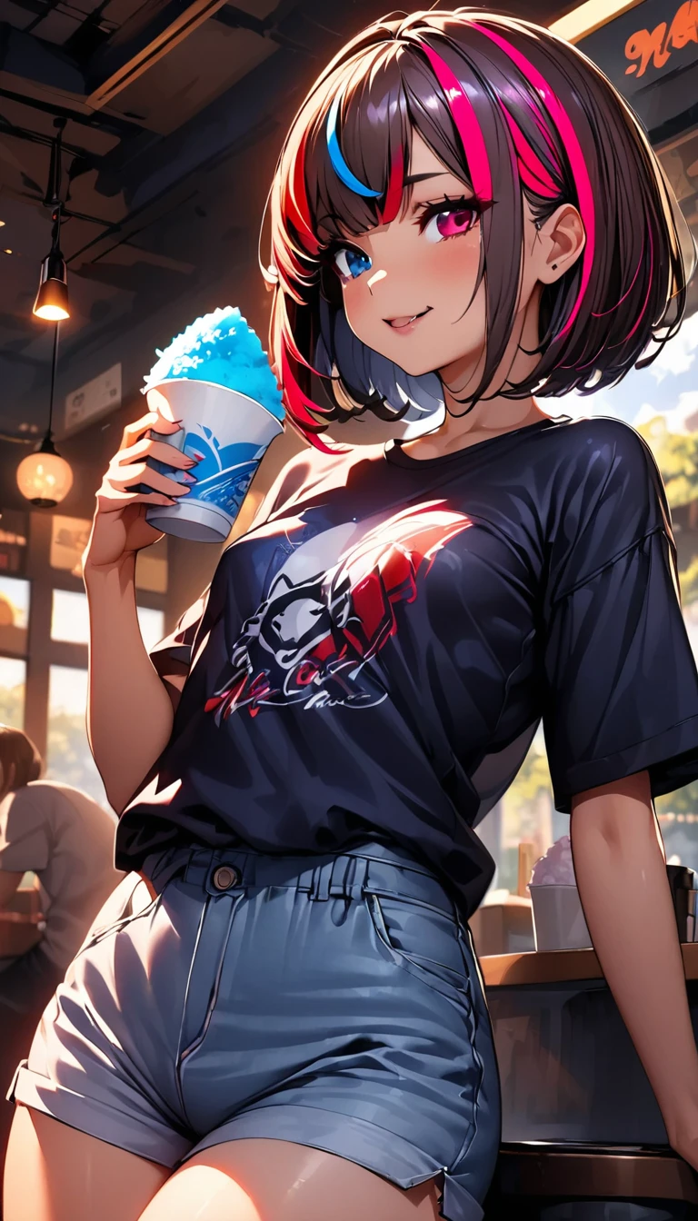(highest quality:1.2, Very detailed, up to date, Vibrant, Ultra-high resolution, High Contrast, masterpiece:1.2, highest quality, Best aesthetics), Portraiture、girl、solo, (25-years-old:1), slim, , heterrochromia, green eye, red eye, t-shirt, loose fit, short pants, Eating shaved ice, japanese cafe, Bright colors、Beautiful fine details、Beautiful lip detail、extra short hair, ((bob cut:1.5))、pink and purple, ((streaked hair:1.9)), (highlights hair: 1.6), (small breast:1.3), cowboy shot:1,