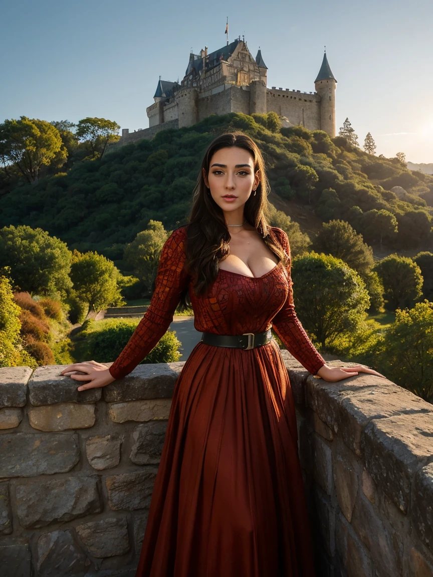 Gorgeous and sultry busty athletic (thin) brunette queen with sharp facial features wearing a modest updo, dark red medieval dress, long sleeves, intricate patterns, scrollwork, wide neck, crown, veil, long dress, modest dress, tight bodice, silver belt, (waist chain), medieval jewelry, Middle Ages, castle, rampart, wall, exterior, on top of a castle wall, trees, countryside, evening, sunset.