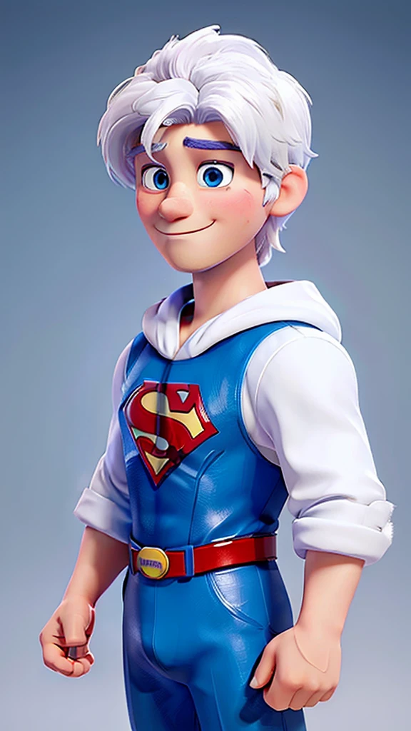 20 year old young man, white hair, closed beard, blue colored eyes, in the style of Disney Super Heroes pixer Superman