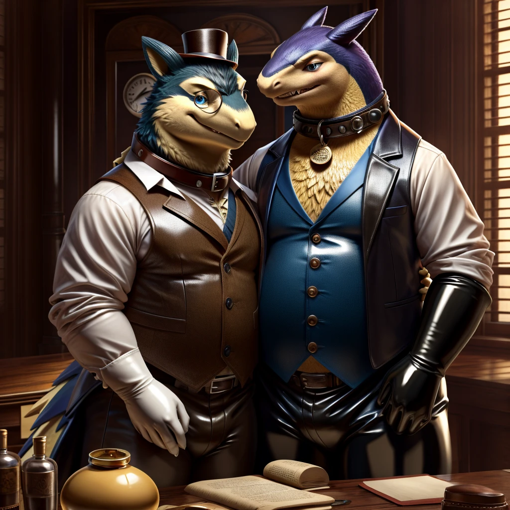 Male, fat, extremely obese, gentleman, dapper Professor Typhlosion, blue eyes, (posing:1.3), (soft shading), 4k, hi res, ((detailed face, detailed)), looking at viewer, mouth wide open, steampunk, dapper clothing, collared shirt with buttons, top hat, male focus, Explorer Outfit, glasses, monocle, vest with buttons, sleeves rolled up, round eyewear, brown headwear, brown vest, office, Typhlosion is wearing a glossy leather dog collar around the neck, Typhlosion is wearing the leather collar and shirt and vest at the same time, Typhlosion is wearing glossy white rubber gloves on the hands, wearing white rubber gloves on the feet, gloves are rubber in texture, clenching teeth, clenching fists, leather collar is glossy and shiny with a lot of detail, Typhlosion is wearing gloves and leather collar at the same time, leather collar has a round dog-tag, leather collar is thick and detailed, leather collar is glossy and shiny, fancy clothing, dapper vest, dapper shirt, leather collar is thick, glossy leather collar, a second male Typhlosion in the same attire helping the fat Typhlosion get dressed.