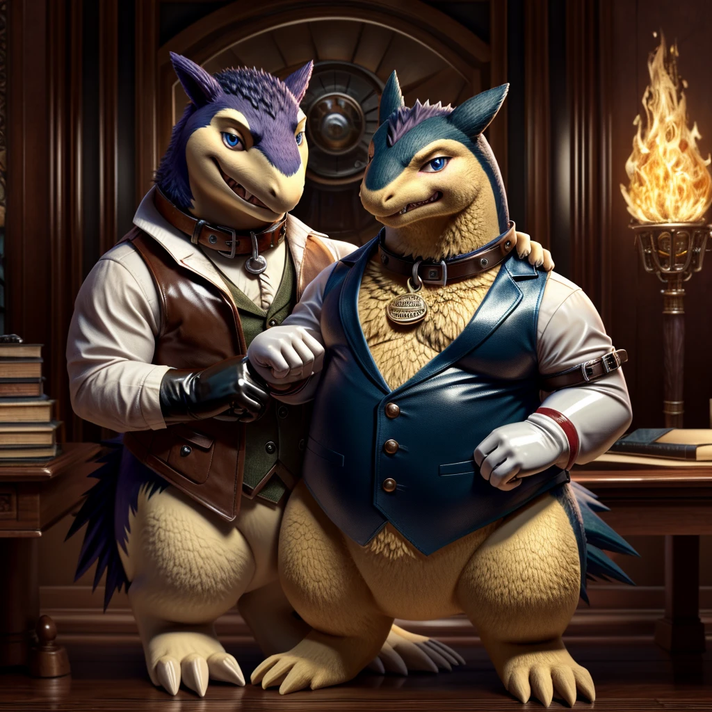 Male, fat, extremely obese, gentleman, dapper Professor Typhlosion, blue eyes, (posing:1.3), (soft shading), 4k, hi res, ((detailed face, detailed)), looking at viewer, mouth wide open, steampunk, dapper clothing, collared shirt with buttons, top hat, male focus, Explorer Outfit, glasses, monocle, vest with buttons, sleeves rolled up, round eyewear, brown headwear, brown vest, office, Typhlosion is wearing a glossy leather dog collar around the neck, Typhlosion is wearing the leather collar and shirt and vest at the same time, Typhlosion is wearing glossy white rubber gloves on the hands, wearing white rubber gloves on the feet, gloves are rubber in texture, clenching teeth, clenching fists, leather collar is glossy and shiny with a lot of detail, Typhlosion is wearing gloves and leather collar at the same time, leather collar has a round dog-tag, leather collar is thick and detailed, leather collar is glossy and shiny, fancy clothing, dapper vest, dapper shirt, leather collar is thick, glossy leather collar, a second male Typhlosion in the same attire helping the fat Typhlosion get dressed.