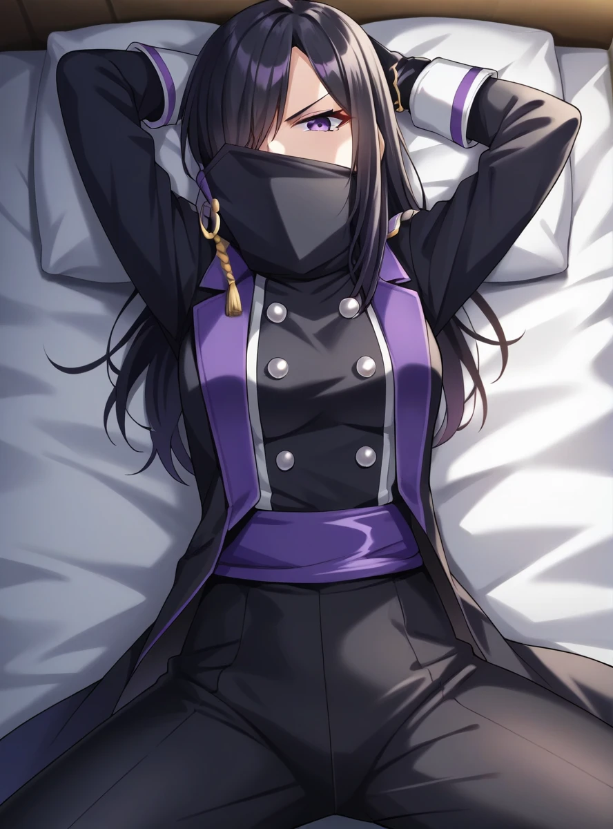 1girl, score_9, score_8_up, score_7_up, score_6_up, score_5_up, score_4_up, BREAK source_anime, masterpiece , anime_lineart anime coloring,  anime screencap,  ,  ritaking, black hair, hair over one eye, gloves, long hair, black gloves, mask, long sleeves, mouth mask, coat, black pants, purple eyes, covered mouth, high collar, bangs, one eye covered, black coat, lying on bed, arms over head, angry,spread legs,
