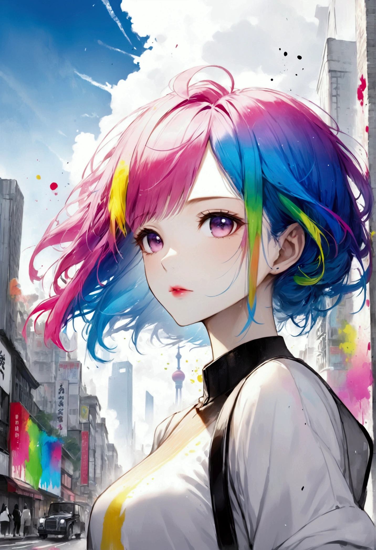 (masterpiece, Highest quality, High resolution), Downtown Shanghai背景, ((Paint splashes, Color Splash, Ink splash, Color Splash)), Kind Chinese girl, Rainbow Hair, Pink Lips, front,Downtown Shanghai、Digital Cities、Near future upper body