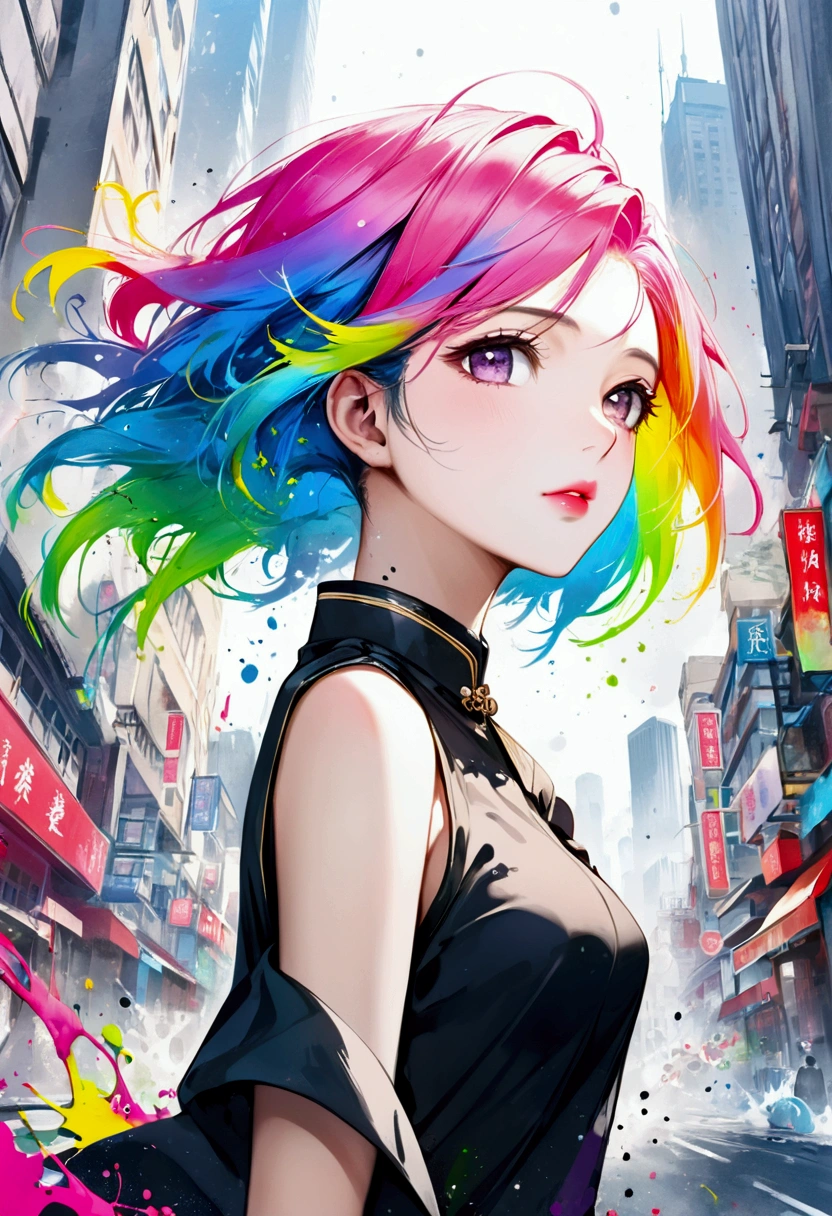 (masterpiece, Highest quality, High resolution), Downtown Shanghai背景, ((Paint splashes, Color Splash, Ink splash, Color Splash)), Kind Chinese girl, Rainbow Hair, Pink Lips, front,Downtown Shanghai、Digital Cities、Near future upper body