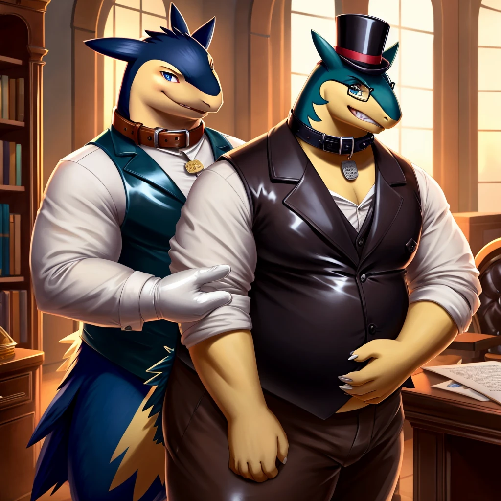 Male, fat, extremely obese, gentleman, dapper Professor Typhlosion, blue eyes, (posing:1.3), (soft shading), 4k, hi res, ((detailed face, detailed)), looking at viewer, mouth wide open, steampunk, dapper clothing, collared shirt with buttons, top hat, male focus, Explorer Outfit, glasses, monocle, vest with buttons, sleeves rolled up, round eyewear, brown headwear, brown vest, office, Typhlosion is wearing a glossy leather dog collar around the neck, Typhlosion is wearing the leather collar and shirt and vest at the same time, Typhlosion is wearing glossy white rubber gloves on the hands, wearing white rubber gloves on the feet, gloves are rubber in texture, clenching teeth, clenching fists, leather collar is glossy and shiny with a lot of detail, Typhlosion is wearing gloves and leather collar at the same time, leather collar has a round dog-tag, leather collar is thick and detailed, leather collar is glossy and shiny, fancy clothing, dapper vest, dapper shirt, leather collar is thick, glossy leather collar, a second male Typhlosion in the same attire helping the fat Typhlosion get dressed.