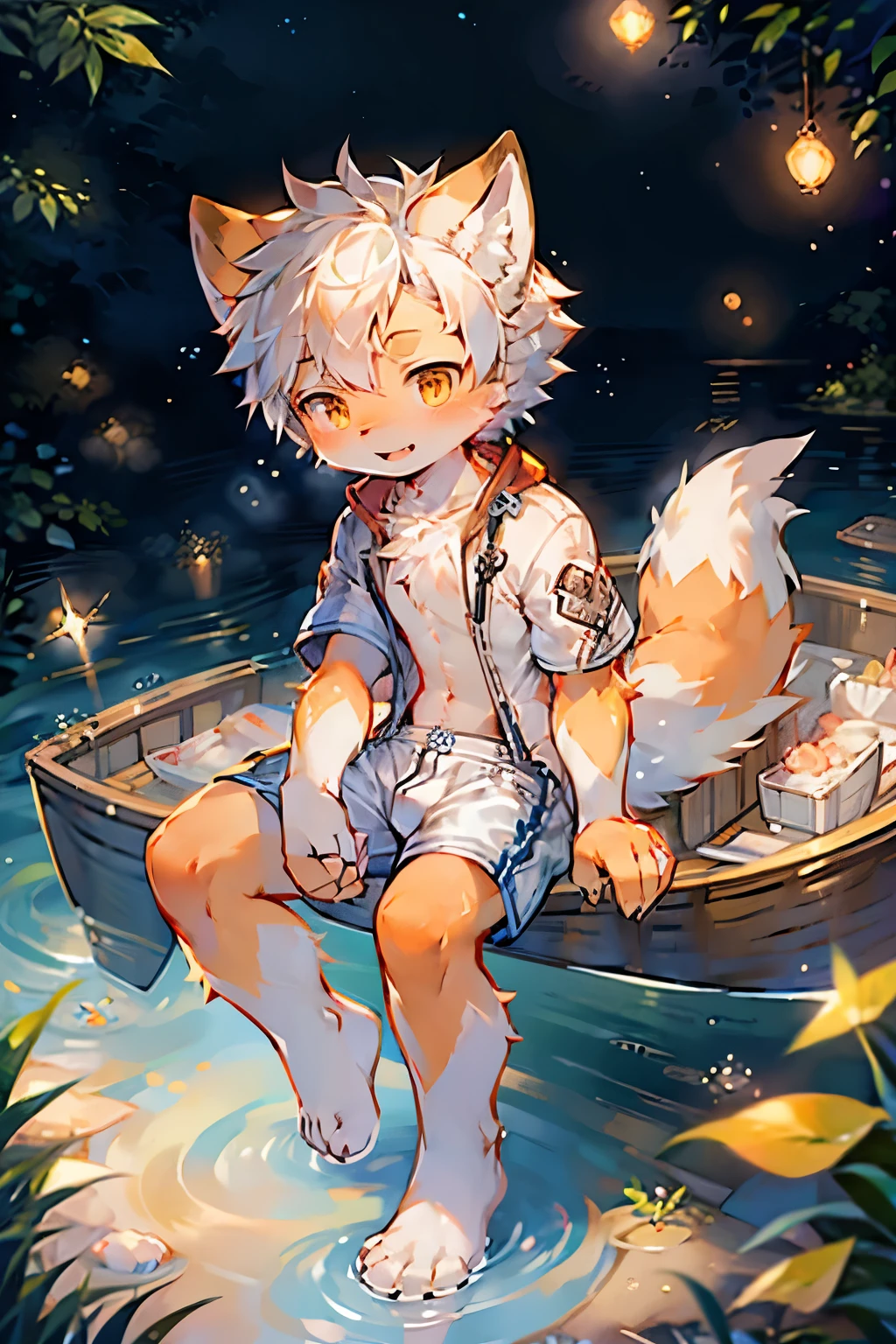 Lake bright background,Fox Boy,Furry boys,Infant and child characteristics,Orange Skin,White hair,White Arm,Brave Suit,shorts,boating