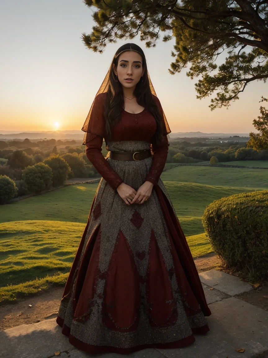 Gorgeous and sultry busty athletic (thin) brunette queen with sharp facial features wearing a modest updo, dark red medieval dress, long sleeves, intricate patterns, scrollwork, wide neck, crown, veil, long dress, modest dress, tight bodice, silver belt, (waist chain), medieval jewelry, Middle Ages, castle, rampart, wall, exterior, on top of a castle wall, trees, countryside, evening, sunset.