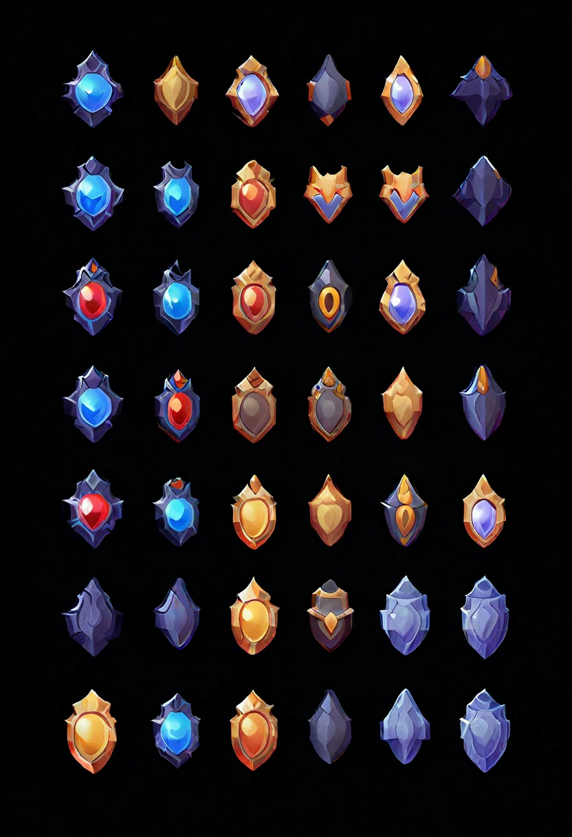8 pieces of jeweled armor in different styles and colors,pattern, Carving details,black background,,Game architecture design,Cartoon,casual game style, Game assets,2d,Game Art