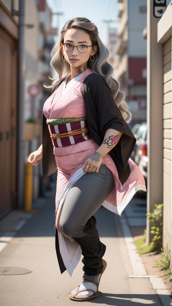 Cute Japanese female, (16 years old), (Very cute face), white moist skin, looking at camera, melancholy expression, (Pink bright eyes: 1.4), (Black framed glasses: 1.3)
BREAK,
(Parkour), (Very beautiful berserker female: 1.3), (Dynamic pose: 1.3),
BREAK,
(Wearing pink cute kimono: 1.3), (Highly revealing kimono), Very large earrings, Short length, (Black grass tattoo on body: 1.3),
BREAK,
(Long hair), (Light gray hair: 1.4), (Wavy hair), (Gradient hair: 1.3), (Red tips: 1.3),
BREAK,
(Realistic: 1.3), Masterpiece, Perfect lighting, (Ultra high resolution), (8K), (Highly detailed: 1.4), (From the front), (Full body: 1.4), (Symmetrical: 1.2), (One cut),
BREAK,
(Big cities in Japan: 1.2),