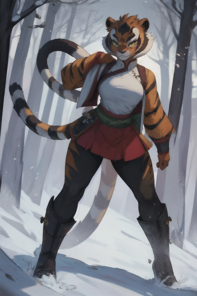 
work of art, best qualityer, 1 girl, master Tigress, kung fu panda, shining skin, cinematic lighting, breasts big, looking ahead at viewer, Messy hair, tiger ears, tiger tail, dynamic pose, snowy forest at night, red chinese traditional clothes, white skirt, Brown boots, katana, standing alone,ssmile, blush, windy, greeneyes, short light brown hair, ultra detali, 8k, RTX, ambient occlusion, rim lighting, busy,