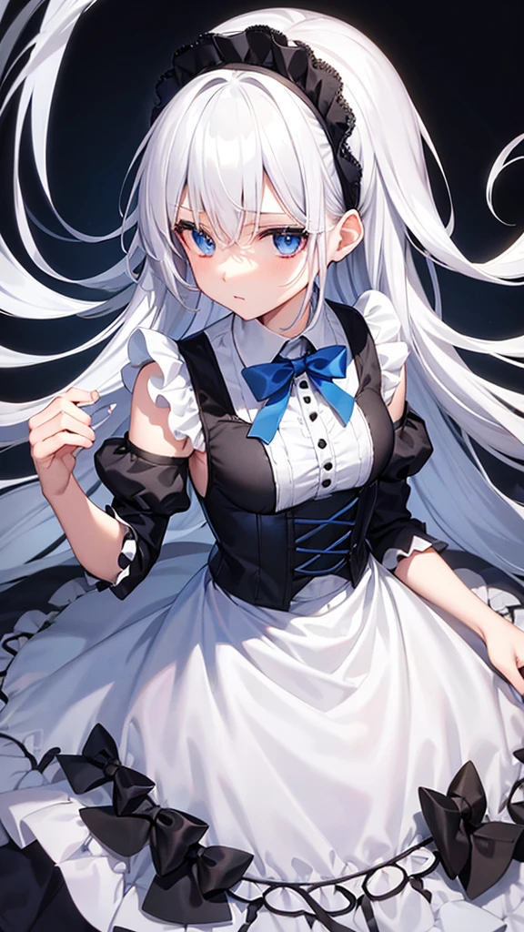 white haired girl blue eyes,maid suit with black color and roko details, blue ribbon in hair, the girl's pose is thin and flat,with the appearance of a girl who seems innocent, with a small face