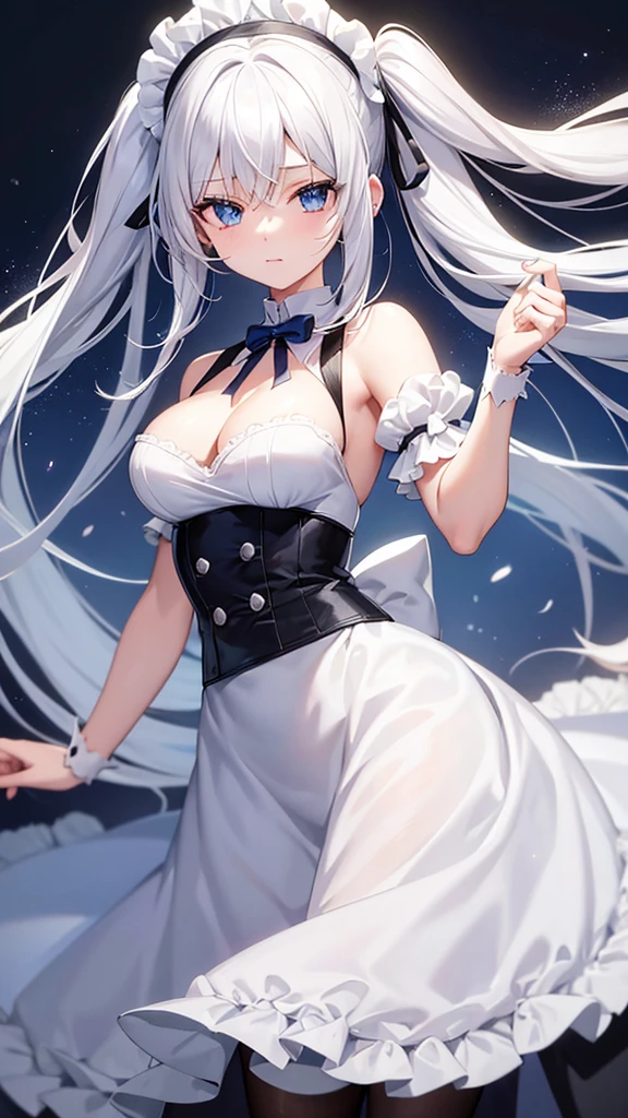 white haired girl blue eyes,maid suit with black color and roko details, blue ribbon in hair, the girl's pose is thin and flat,with the appearance of a girl who seems innocent, with a small face