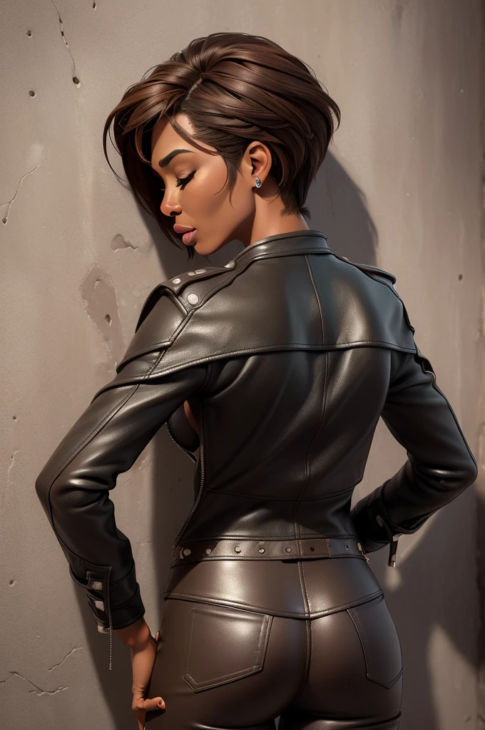 obra prima, melhor qualidade, ((one woman only,)) ((angela bassett, glamor makeup, dark skin,)) brown bob hair, looking back over shoulder at me, (((eyes closed, mouth open big, face of ecstasy,))) wearing forest green leather biker jacket, ((jacket is unzipped, nip slip,)) jacket has padded puff shoulders, shiny leather gloves, ((brown distressed leather skinny pants,)) leather has studs and zippers and chains, body is slender, skinny shiny tight ass, ((facing wall, body pressed to wall, shoulders arched back, touching herself sexually,)) (camera view of whole body, back view of body,) shallow depth of field, highres, HD, 8k, anatomically correct