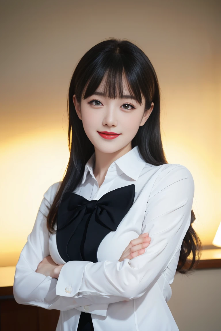 ulzzang-6500-v1.1,(raw photo:1.2),((photorealistic:1.30)), ((best quality)) ,((masterpiece)),((Ultra High Resolution)), ((Clear View)),,Ultra-high resolution,Clear face,(Reality:1.4) , illustration, an extremely delicate and beautiful, extremely detailed ,CG ,unity ,8k wallpaper, Amazing, finely detail, masterpiece,best quality,official art,extremely detailed CG unity 8k wallpaper,absurdres, incredibly absurdres, huge filesize, ultra-detailed, highres, extremely detailed,beautiful detailed girl, extremely detailed eyes and face, beautiful detailed eyes,light on face,cinematic lighting, 1girl, 独奏, bangs, alya(roshidere), white hair, long hair, bangs, Blue eyes, hair ribbon, ahoge, red ribbon, skirt, shirt, long sleeves, bow, , jacket, white shirt, pleated skirt, collared shirt, bowtie, black skirt, red bow, red bowtie, blazer, grey blazer, long sleeves, upper body view, crossed arms, smile,