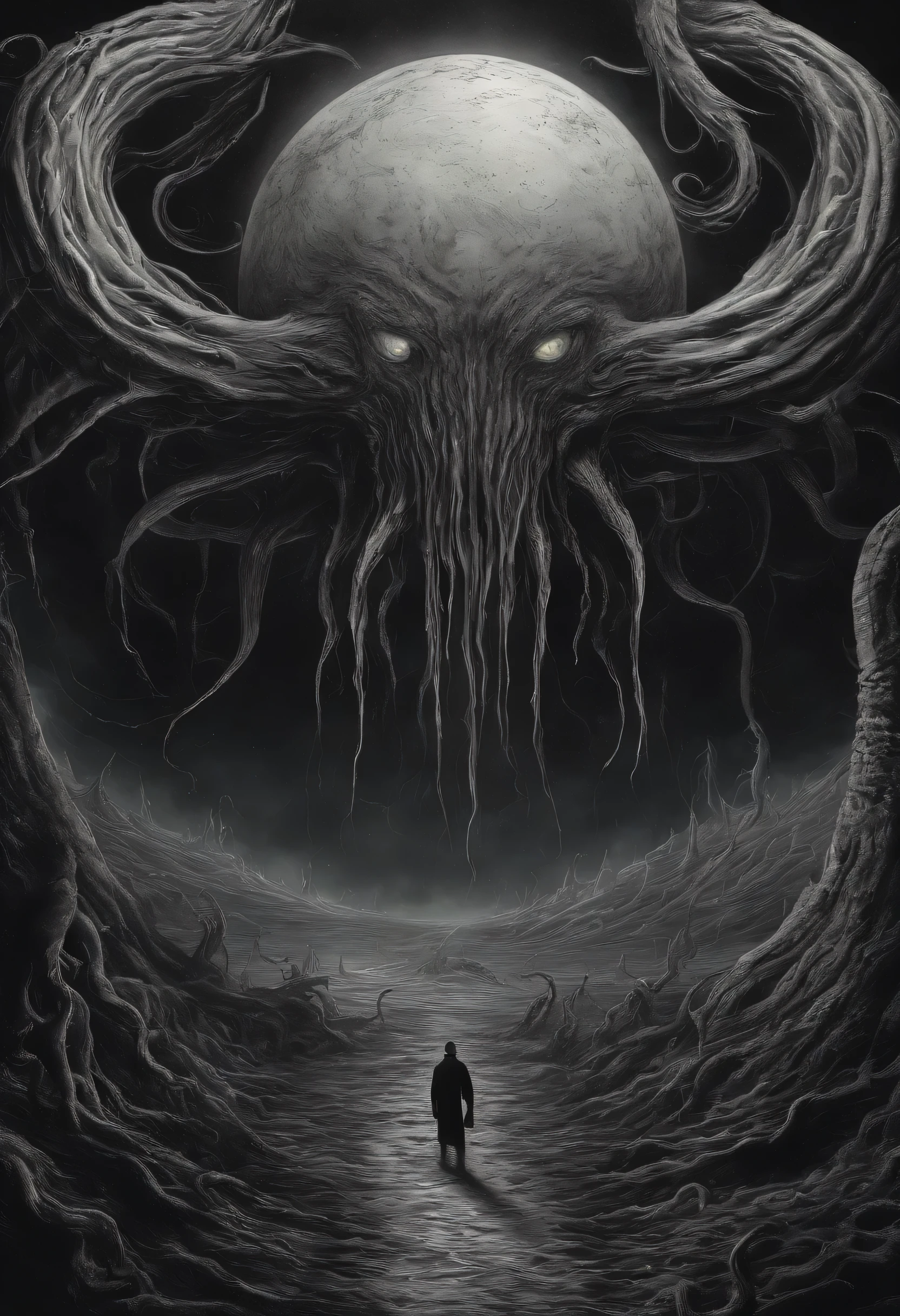 There&#39;s a planet in the middle, Tentacles in the universe, Lovecraftian inspiration, lovecraftian cosmic fear, Lovecraftian hellscape, cosmic fantasy and horror film, atmosfera lovecraftiana, Lovecraftian, A planet in open space, nobody