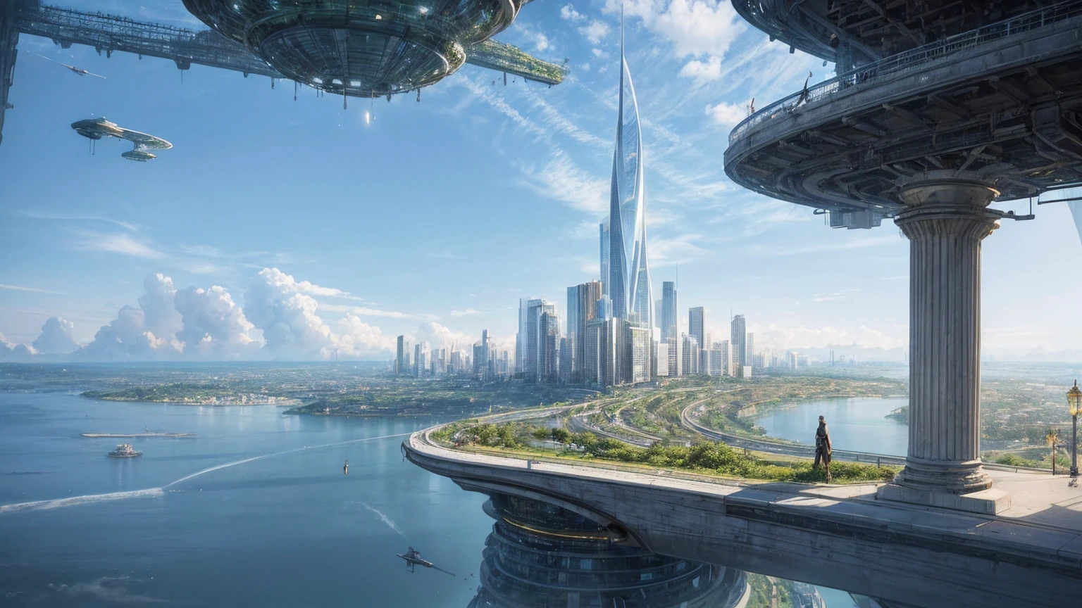(Best quality,4K,8K,A high resolution,Masterpiece:1.2),Ultra-detailed,(Realistic,Photorealistic,photo-realistic:1.37),Futuristic floating city,Futuristic technology,Huge urban high-tech tablet platform,Airship,Floating in the sky,Futuristic city,Small airships around,High-tech hemispherical platform,Colorful lights,Advanced architecture,modernn architecture,skyscrapper,Access the cloud,Scenic beauty,view over city,Impressive design,Blend seamlessly with nature,energetic and vibrant atmosphere,Futuristic transportation system,Parking is suspended,Transparent path,Lush greenery,Sky gardens,cascading waterfalls,Magnificent skyline,reflections on the water,Sparkling river,Architectural innovation,futuristic skyscrapers,Transparent dome,The shape of the building is unusual,Elevated walkway,Impressive skyline,Glowing lights,Futuristic technology,Minimalist design,Scenic spots,Panoramic view,Cloud Piercing Tower,Vibrant colors,epic sunrise,epic sunset,Dazzling light display,magical ambiance,The future city,Urban Utopia,LuxuryLifestyle,Innovative energy,sustainable development,Smart city technology,Advanced infrastructure,Tranquil atmosphere,Nature and technology live in harmony,Awesome cityscape,Unprecedented urban planning,Architecture connects seamlessly with nature,High-tech metropolis,A cutting-edge engineering marvel,The future of urban living,Visionary architectural concept,Energy-efficient buildings,Harmony with the environment,A city floating above the clouds,Utopian dreams become reality,The possibilities are endless,State-of-the-art transportation network,Green energy integration,Innovative materials,Impressive holographic display,Advanced communication system,Breathtaking aerial view,Quiet and peaceful environment,Modernist aesthetics,Ethereal beauty