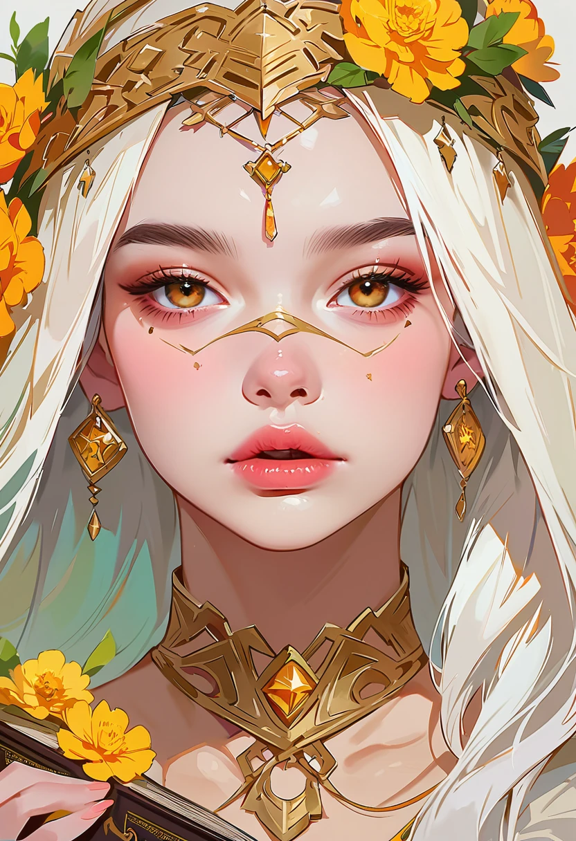 (close up: 1.1), (HD: 1.5), (HDTV: 1.4), movie lighting, Ultra HD, detailed facial features, elegant gold skin, Female necromancer wearing hoodie, dark makeup, Anti-aliased edges, (lost magic book: 1.3), Marigold accessories, Humanized character design, PFP image, (veil: 1.2), NPC interaction, adopt, Trustworthy and wise expression.

In this tip, We have a close up shot of a female necromancer character wearing a hoodie. Her skin is