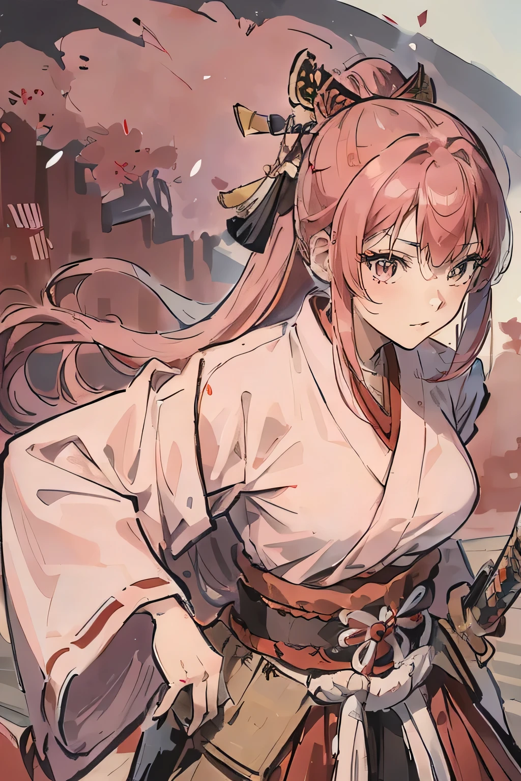 Samuraigirls, a pink haired , wearing a red samurai armor, long hair, fasion hair, samurai armor, slim body, shirt ornament, hakama, tall 187cm, 21yearold, samurai, katana, female, beautiful