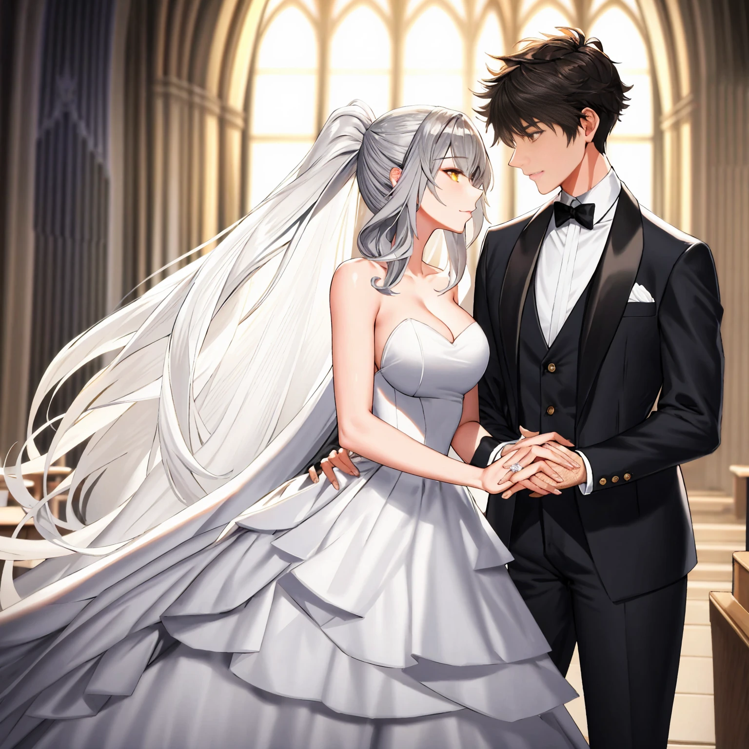 masterpiece, Best quality, masterpiece, Best quality, masterpiece, Best quality, masterpiece, Best quality, high quality, High detail, Ultra detail, HD, 4k, 4280x2240, depth field, (HDR:1.9), Correct anatomy, a masculine boy with short hair black hair abundant brown eyes with full wedding suit from groom to gentleman's suit and Palto flu pants and a girl with very long hair messy hair curly hair wavy hair (((silver hair))) high ponytail with yellow eyes in wedding dress, Dream wedding dress. love. Hand in hand looking at the New Year's sunset sunrise while kissing at church wedding with wedding rings on boy finger and wedding rings on girl finger and smiles, detail, ultra-detail, correct_position, correct_texture, correct_colors, correct_shading, correct_cgi, correct_body, correct_anatomy, correct_proportion, (correct_complete_body)