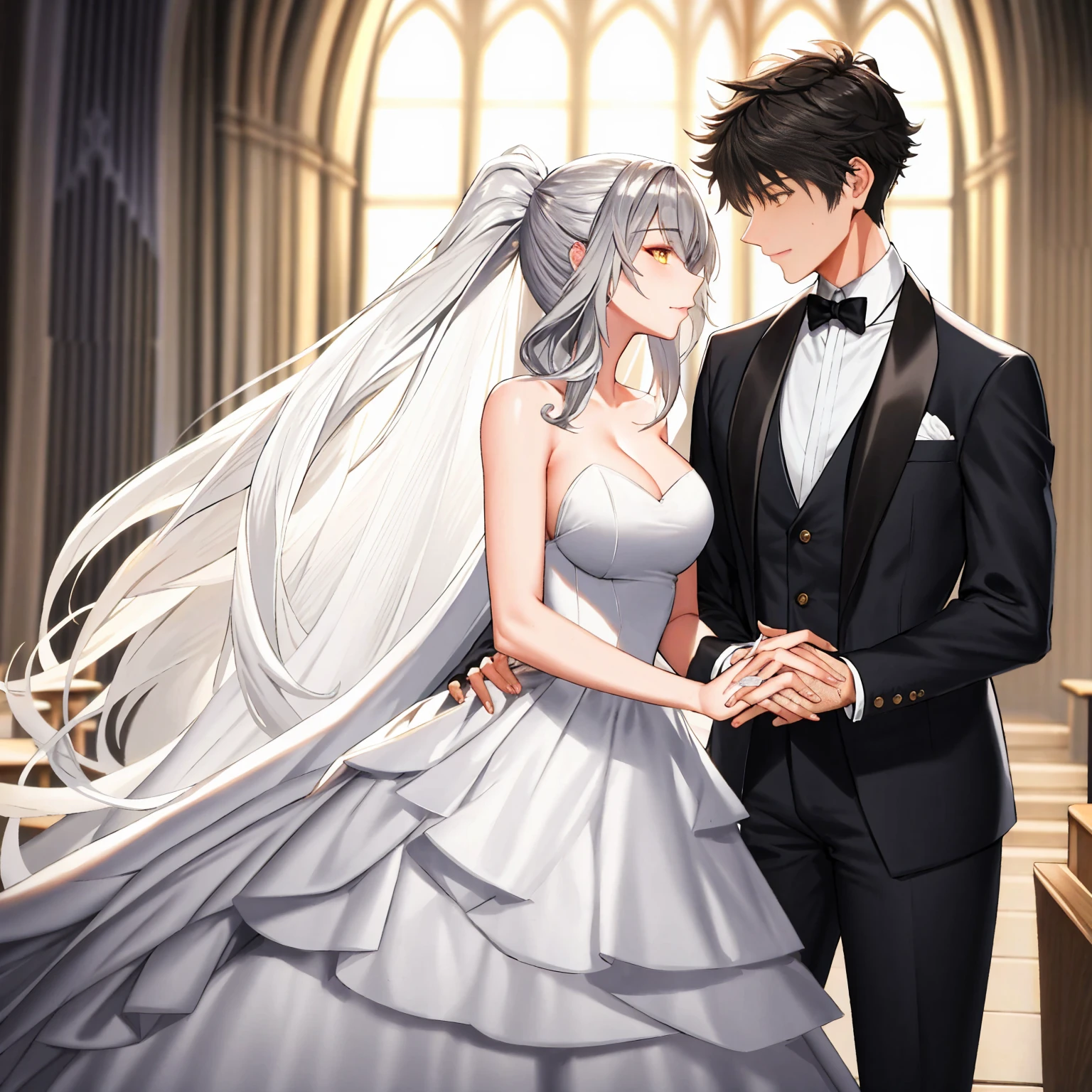 masterpiece, Best quality, masterpiece, Best quality, masterpiece, Best quality, masterpiece, Best quality, high quality, High detail, Ultra detail, HD, 4k, 4280x2240, depth field, (HDR:1.9), Correct anatomy, a masculine boy with short hair black hair abundant brown eyes with full wedding suit from groom to gentleman's suit and Palto flu pants and a girl with very long hair messy hair curly hair wavy hair (((silver hair))) high ponytail with yellow eyes in wedding dress, Dream wedding dress. love. Hand in hand looking at the New Year's sunset sunrise while kissing at church wedding with wedding rings on boy finger and wedding rings on girl finger and smiles, detail, ultra-detail, correct_position, correct_texture, correct_colors, correct_shading, correct_cgi, correct_body, correct_anatomy, correct_proportion, (correct_complete_body)