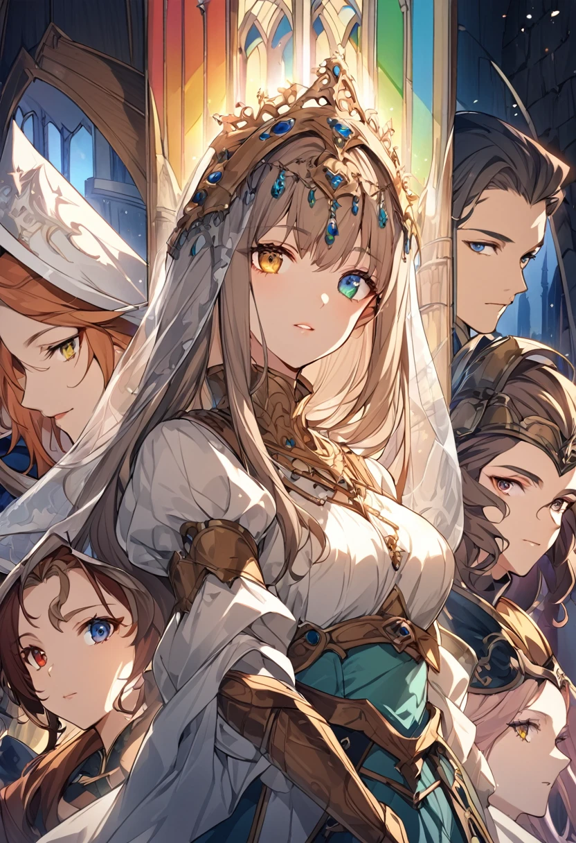 sakimiChanStyle, Urop Style, Portraiture, Detailed painted face, Beautiful woman, Fuller lips, Opaque Veil, Medieval Veil, Head rail, 12th century, Eyes with heterochromia, Rainbow Eyes, Medieval costume, Brot, Lord of the Rings Gown, Near perfect, Beautiful anime style, Character Panorama, Beautiful and detailed face, Shining Shadow, Beautiful gradation, Depth of written boundary, Beautiful graphics, high quality, Attention to detail, High resolution, Luminous Studio Graphics Engine
