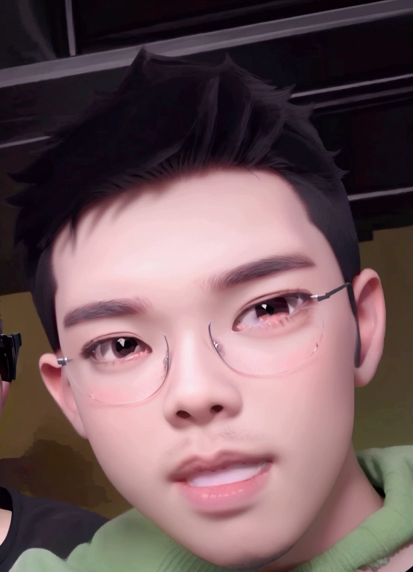 best quality, 1boy, solo, cartoon portrait , simple background, short hair, pink lips, black hair, black shirt, black glasses