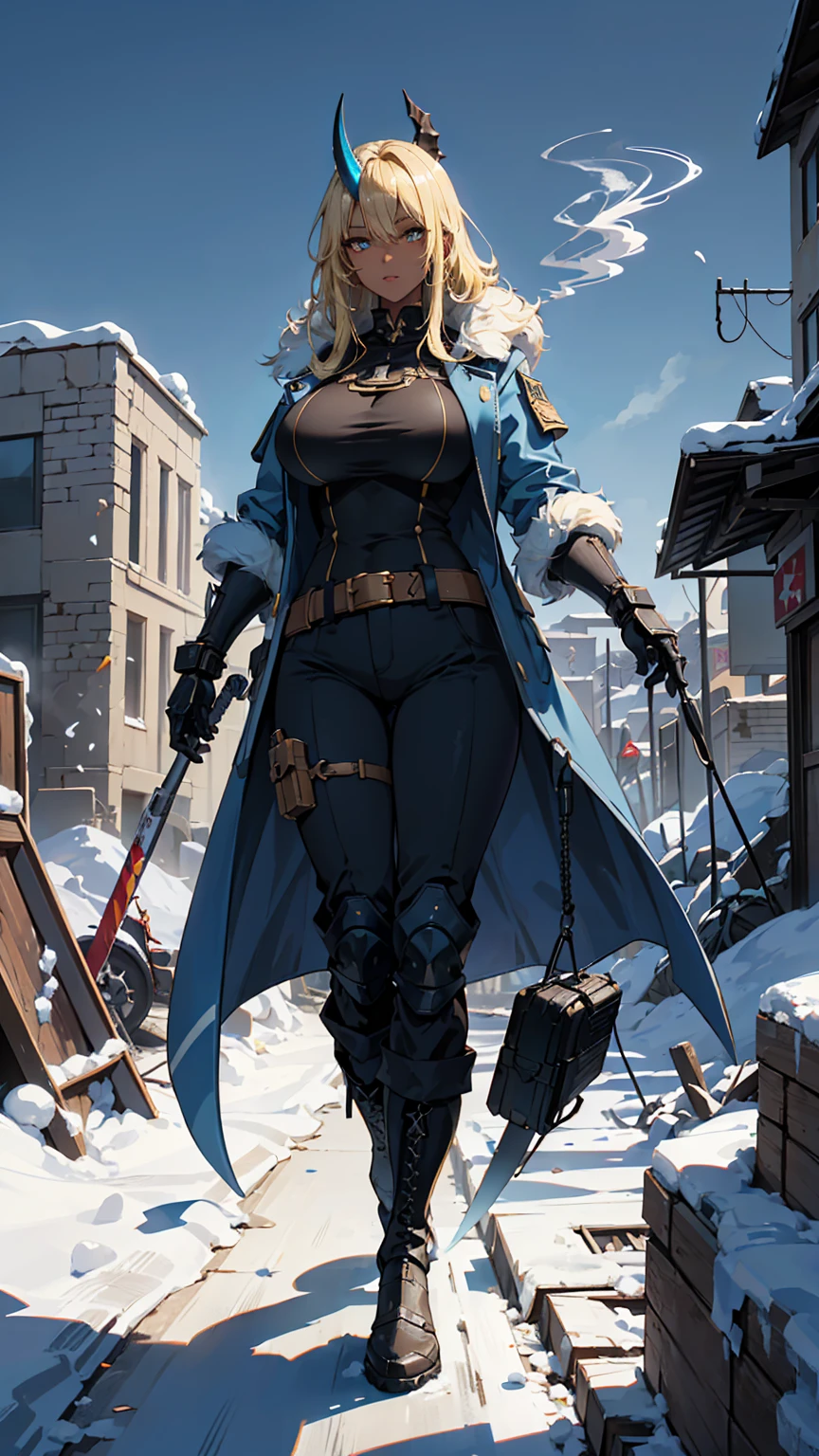 ((最high quality)), ((masterpiece)), (detailed), One girl, 8k_wallpaper, extremely detailed eyes, extremely detailed body, (large masterpiece digital art), ((完璧な解剖学 Huge breasts)), (複雑なdetailed:1.3 ), (ultra-detailed:1.3), (Sharp focus:1.3), (Natural light:1.05), (Vibrant colors:1.3), (最high quality:1.4), high quality, Expressive eyes, whole body, Tall Girl, detailed face, Beautiful Face, Perfect Face, ((Blonde)), (Golden Eyes), ((Big Blue Horn)), {{Dark Skin}}, ({Dark Skinned female}), Huge breasts, He bit a smoking cigar between his teeth., He wears a powerful suit of heavy steel cyber armor with a long mechanical tail., A blue open coat with white fur over the armor., A wide steel belt with grenades and a military radio, Steel Heavy Pants, Steel Boots, She is a high mountain々Against the backdrop of、An evening walk through the ruins of an old city destroyed by war。, Snow in winter,