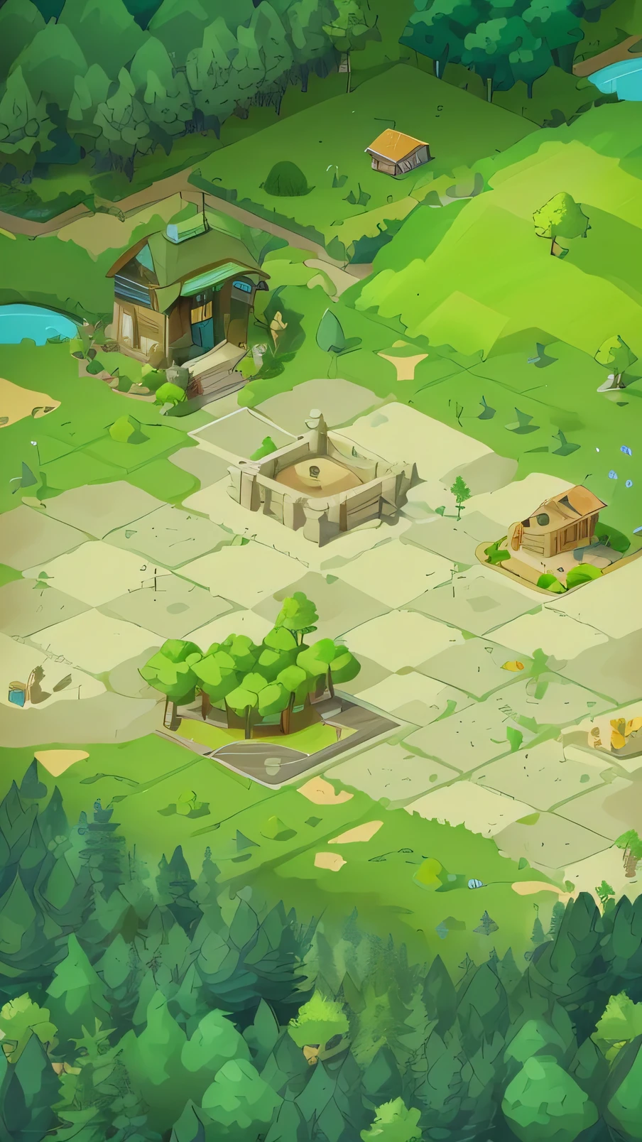 Cartoon illustration of a small park with a pond and picnic tables, Isometric 2D Game Art, Isometric games art, Isometric games, Isometric games asset, Mobile game art, Mobile game background, Isometric map, isometric views. Game Role Playing, Game Concept, mobile game asset, 2D Game Environment Design, Isometric environment