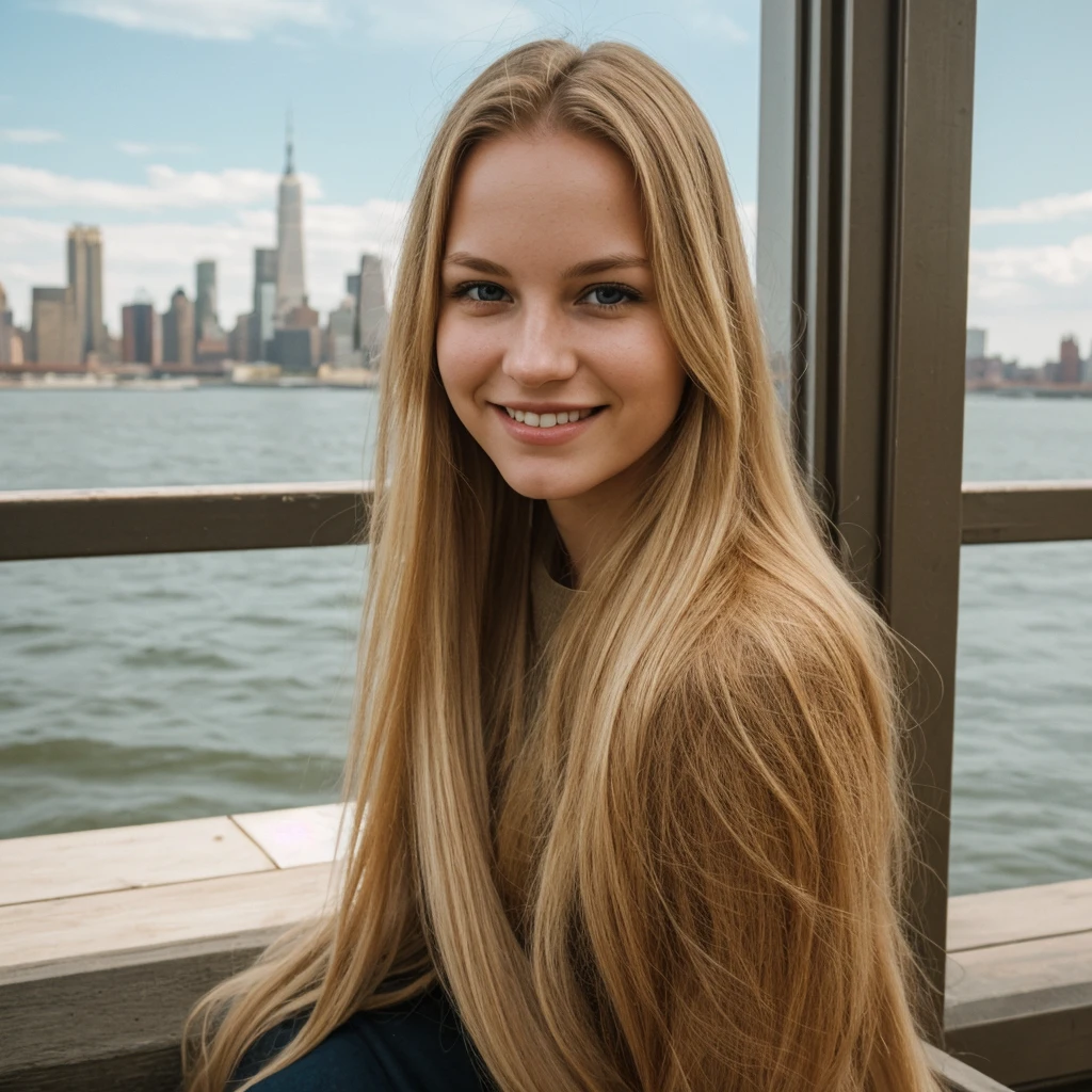 daneater, 1girl, solo, realistic, photorealistic, high quality picture, 8k, high resolution, detailed quality, film grain, natural photo, ultrarealistic, (((25-years-old woman))), Caucasian, (((Scandinavian Face))), (((Background: Nature))), (((Fit))), (((Long-Straight-Blonde Hair))), Smiling, Pose: sitting, she is enjoying the view on a viewdeck in new york city, a picture shot on a phone from 2010