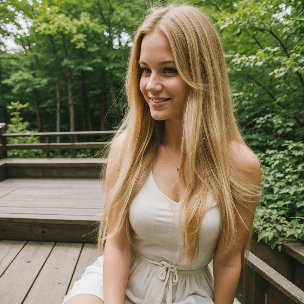 daneater, 1girl, solo, realistic, photorealistic, high quality picture, 8k, high resolution, detailed quality, film grain, natural photo, ultrarealistic, (((25-years-old woman))), Caucasian, (((Scandinavian Face))), (((Background: Nature))), (((Fit))), (((Long-Straight-Blonde Hair))), Smiling, Pose: sitting, she is enjoying the view on a viewdeck in new york city, a picture shot on a phone from 2010