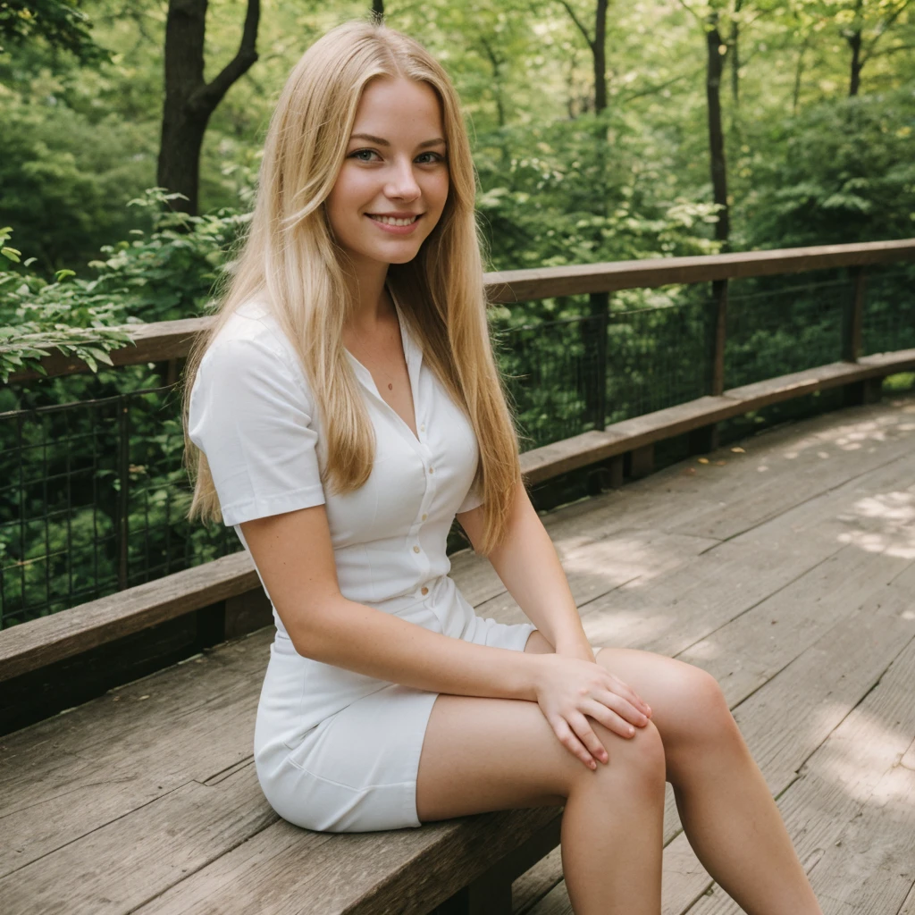 daneater, 1girl, solo, realistic, photorealistic, high quality picture, 8k, high resolution, detailed quality, film grain, natural photo, ultrarealistic, (((25-years-old woman))), Caucasian, (((Scandinavian Face))), (((Background: Nature))), (((Fit))), (((Long-Straight-Blonde Hair))), Smiling, Pose: sitting, she is enjoying the view on a viewdeck in new york city, a picture shot on a phone from 2010