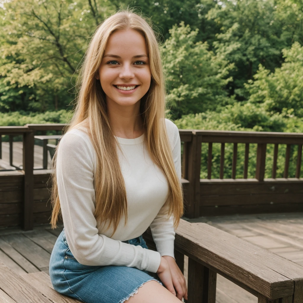 daneater, 1girl, solo, realistic, photorealistic, high quality picture, 8k, high resolution, detailed quality, film grain, natural photo, ultrarealistic, (((25-years-old woman))), Caucasian, (((Scandinavian Face))), (((Background: Nature))), (((Fit))), (((Long-Straight-Blonde Hair))), Smiling, Pose: sitting, she is enjoying the view on a viewdeck in new york city, a picture shot on a phone from 2010