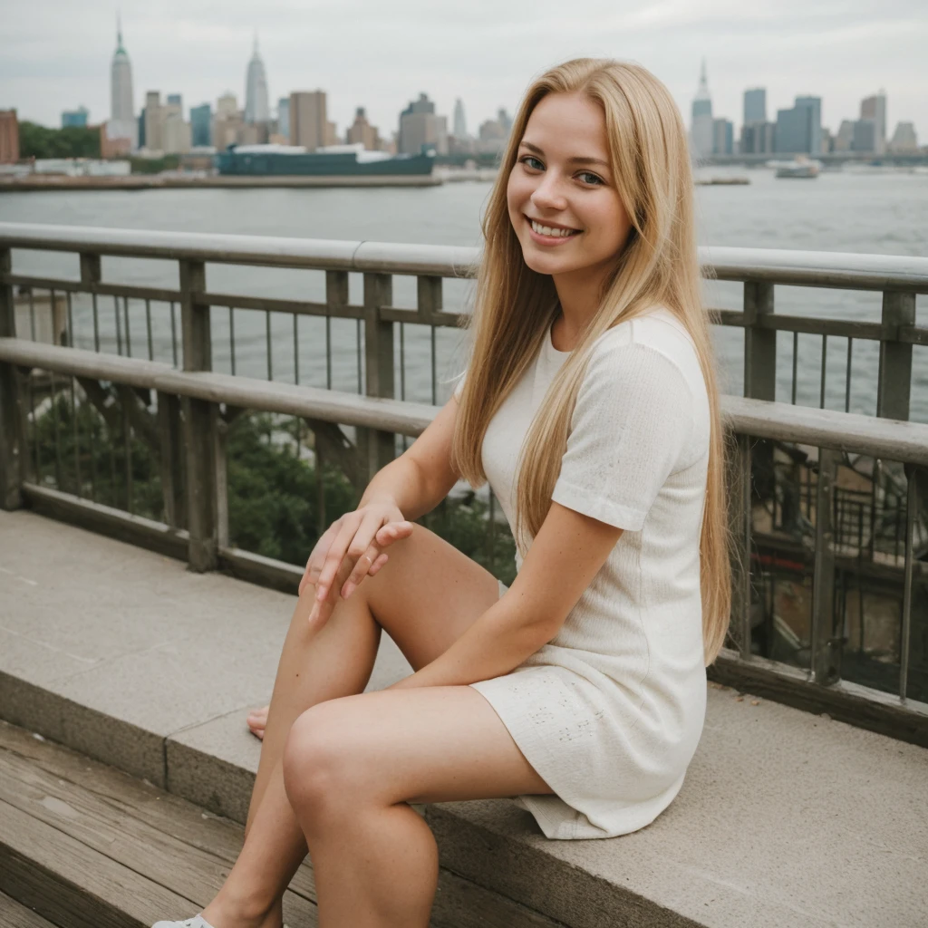 daneater, 1girl, solo, realistic, photorealistic, high quality picture, 8k, high resolution, detailed quality, film grain, natural photo, ultrarealistic, (((25-years-old woman))), Caucasian, (((Scandinavian Face))), (((Background: Nature))), (((Fit))), (((Long-Straight-Blonde Hair))), Smiling, Pose: sitting, she is enjoying the view on a viewdeck in new york city, a picture shot on a phone from 2010