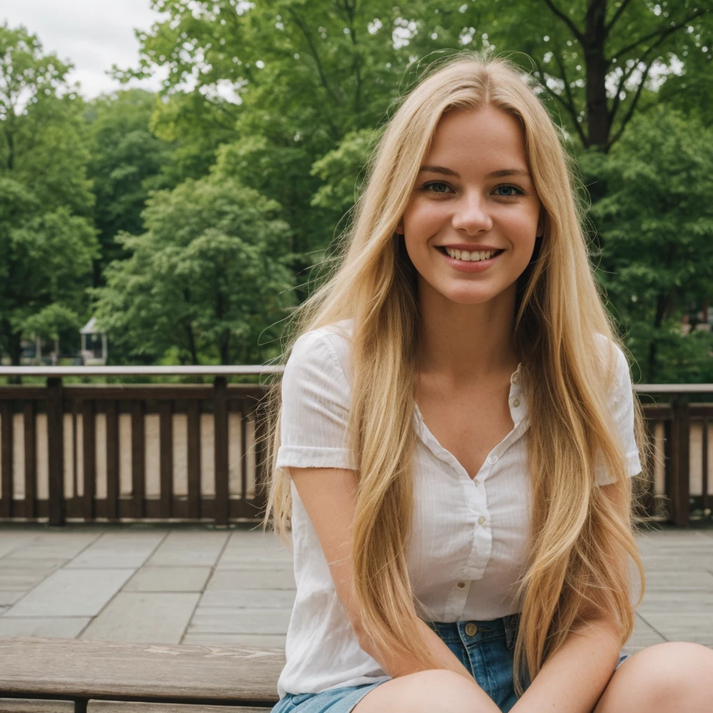daneater, 1girl, solo, realistic, photorealistic, high quality picture, 8k, high resolution, detailed quality, film grain, natural photo, ultrarealistic, (((25-years-old woman))), Caucasian, (((Scandinavian Face))), (((Background: Nature))), (((Fit))), (((Long-Straight-Blonde Hair))), Smiling, Pose: sitting, she is enjoying the view on a viewdeck in new york city, a picture shot on a phone from 2010