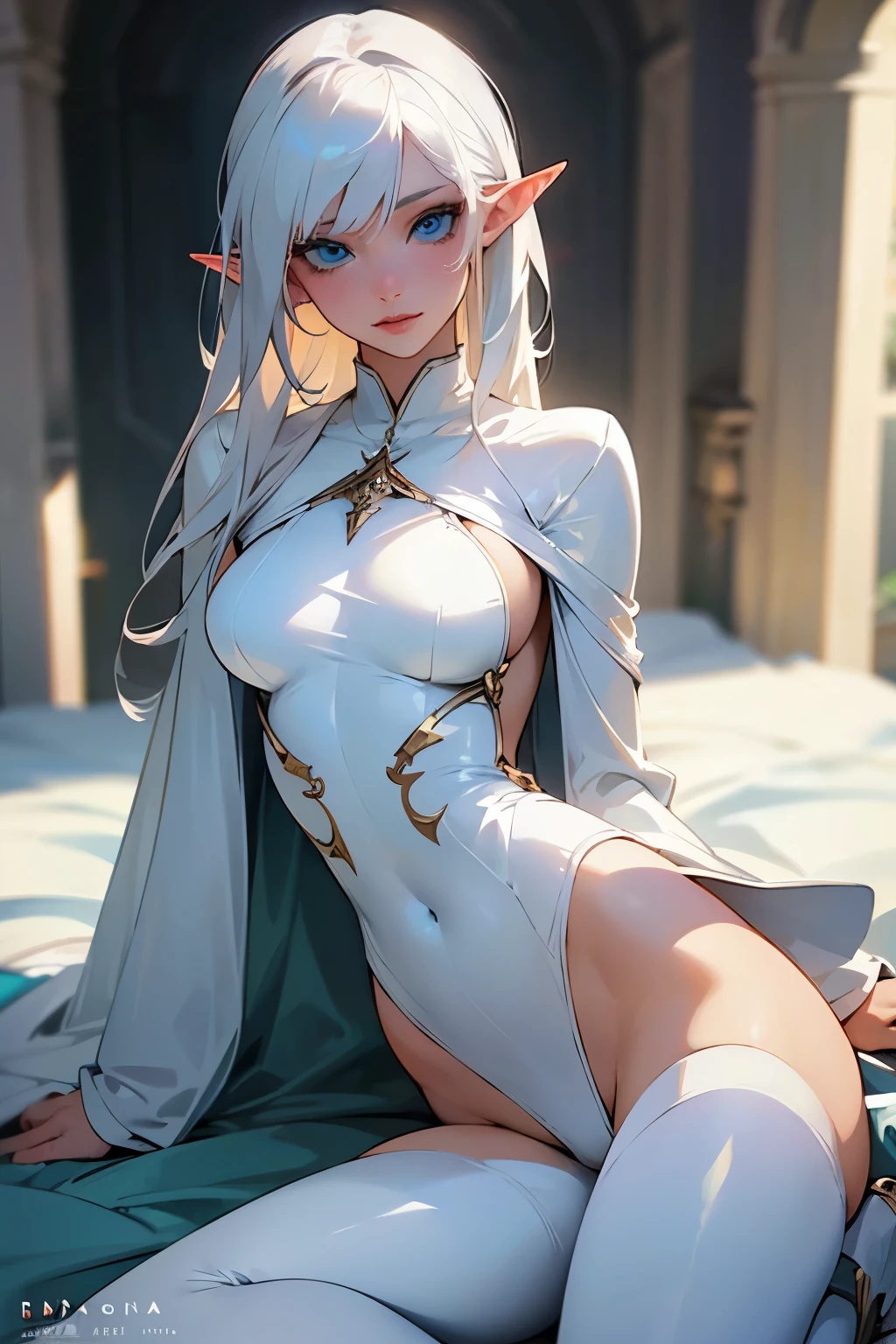 White haired elf in white outfit, sexy underwear guy, that covers vagina and breasts, highlighting her breasts, elf with blue eyes and a fine face, with sexy clothes