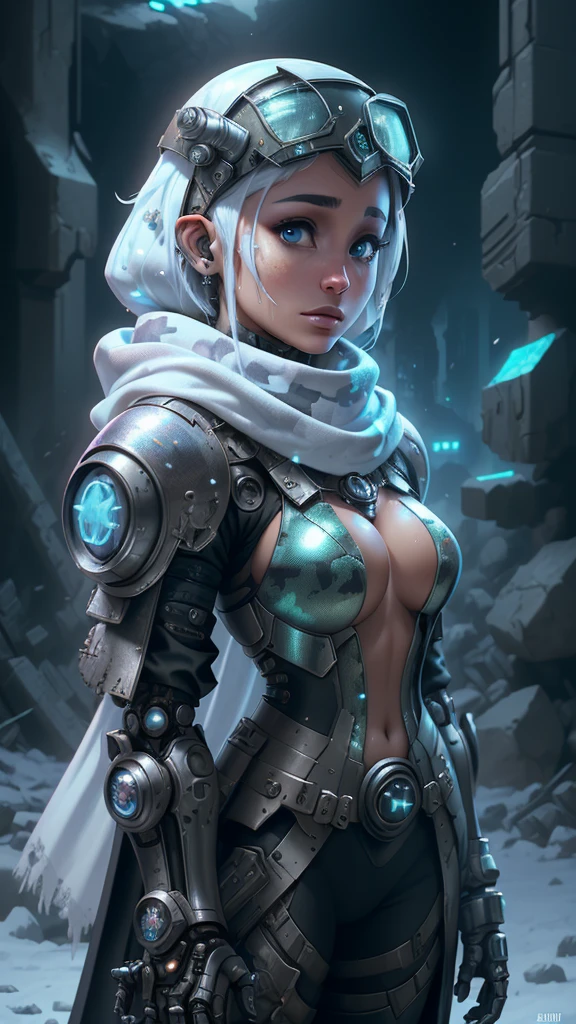(The best quality,A high resolution,ultra - detailed,actual),Ariana Grande wearing a helmet and a scarf with a camera attached to it, dystopian sci-fi character, cyberpunk statue, cyberpunk nun warrior, (dystopian scifi gear:1.4) , scifi character, sci - fi character, hyper-realistic cyberpunk style, cyberpunk helmet, (fashionable cyberpunk mechanoid:1.4) , zbrush central contest winner, cyberpunk style , hyperrealistic, ,(Ruined dungeon ruins background:1.4 ), epic fantasy art style hd, 4K fantasy art, epic fantasy digital art style, epic fantasy art style, Fantasy Woman, epic fantasy art portrait, Epic fantasy style, hyperrealistic fantasy art, hd fantasy art, epic fantasy character art, epic fantasy art, in style of dark fantasy art, epic fantasy digital art, (cinematic lighting :1.4),( face detailed :1.4),( Ariana Grande :1.4),( He has a camouflage white military helmet plomo metallic :1.4), (fondo nieve congelado cayendo :1.4),( piedras grandes congelado hielo :1.4)