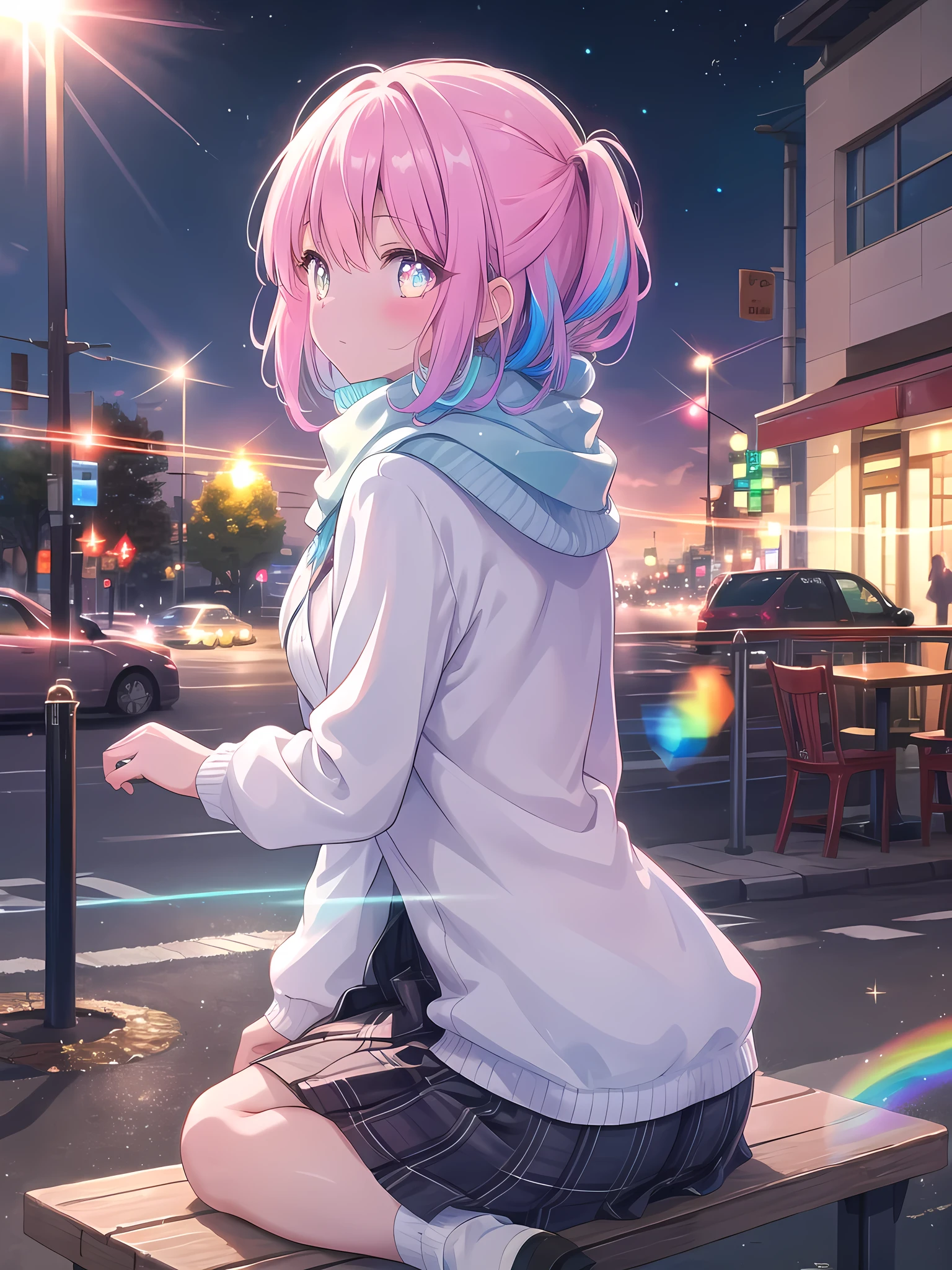 ((8k, best quality, master piece: 1.3)),super high resolution,(1 girl, solo), (colorshift eyes, hyperdetailed, expressive sparkling, glitter, glowing eyes), ultra detailed eyes, ultra-detailed face, random hair, ((pastel color)), , Back view, A girl sitting alone in a street corner cafe。I can see her thinking about something from behind。tight knit sweater、skirt、A scarf that hangs from the back, A stunning scene with a vibrant rainbow lens flare effect. The light source is positioned behind the main subject, creating a spectrum of colors that spread across the image. The light reflects off various surfaces, adding a magical and dreamy quality to the scene. The background is slightly blurred to emphasize the glowing and shimmering effect of the lens flare.